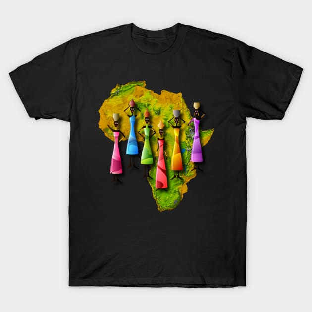 African Women In Colorful Dresses On Africa Map. T-Shirt by HumusInPita